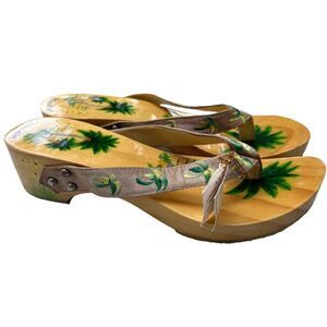 Woodies Vintage Shoes Wooden Wedge Sandals HAND PAINTED PALM TREES Clogs Sz 6